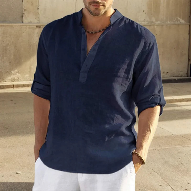 Ancona Linen Stand Collar Shirt