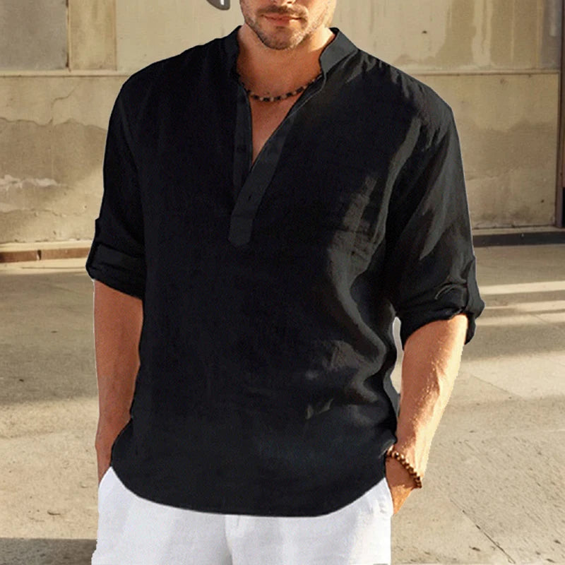 Ancona Linen Stand Collar Shirt